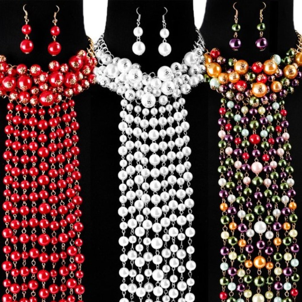 Women's Sets Of Pearl Long Chain Drop Dangle Neck Choker With Earrings